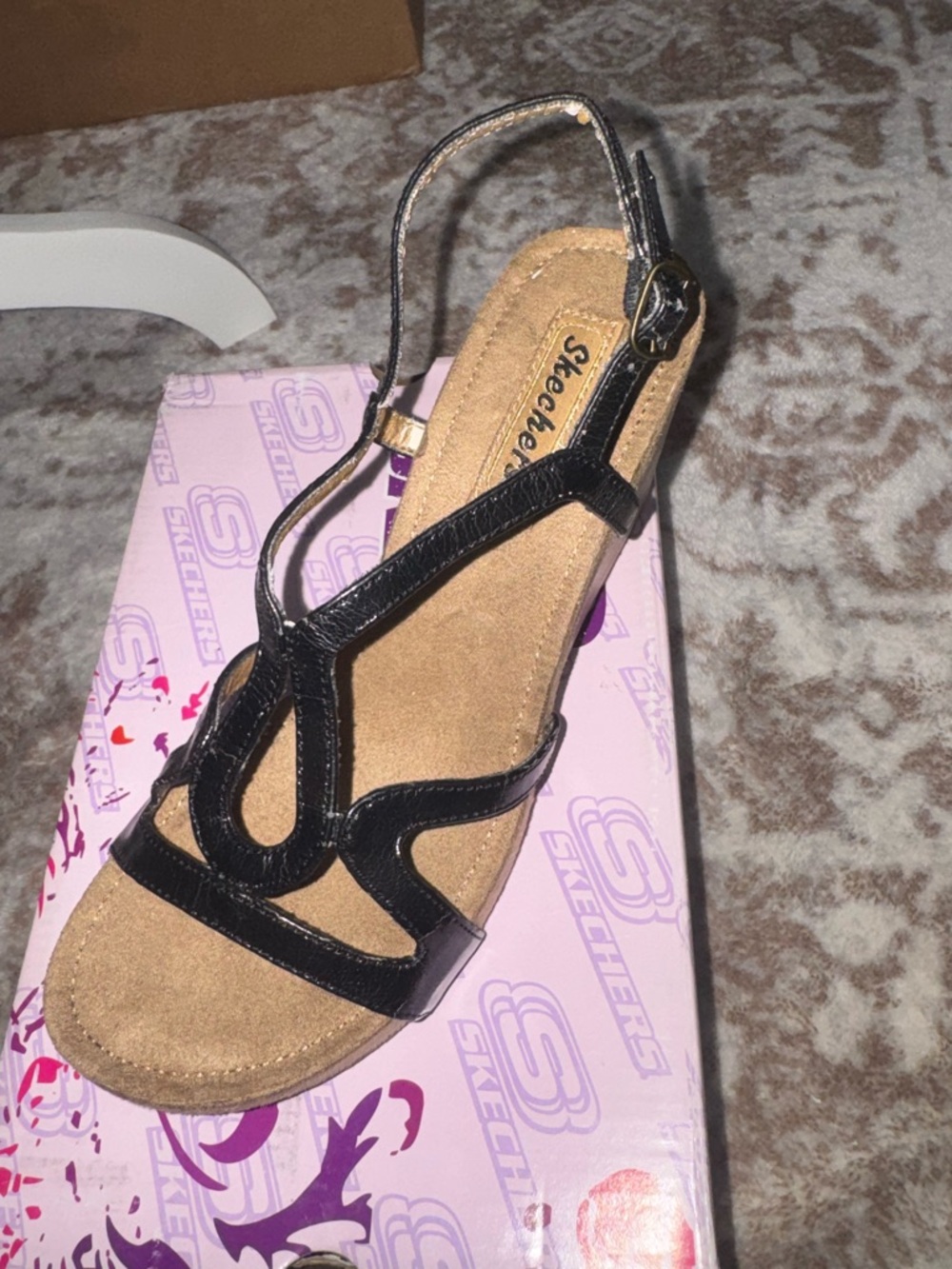 Skechers Black T-Strap Slingback Sandals with Suede Footbed